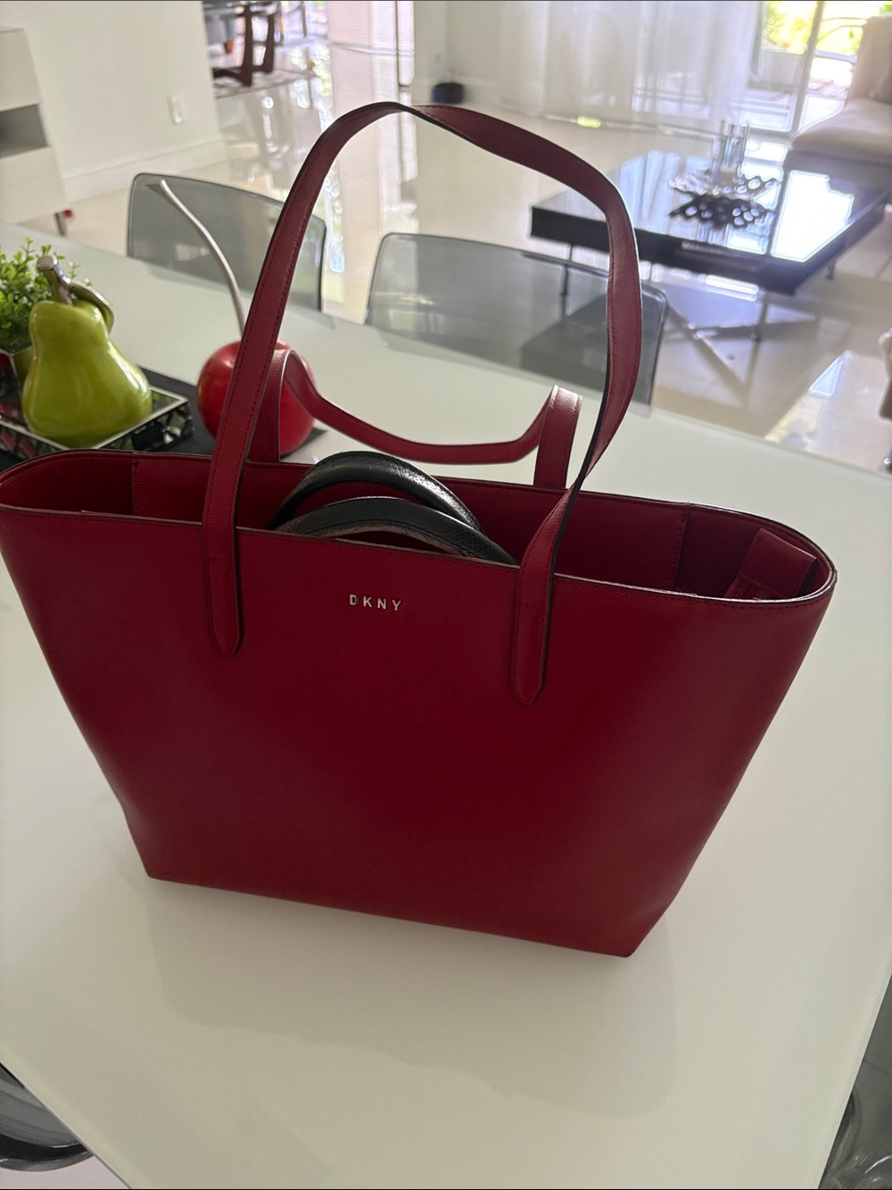 DKNY Red Leather Tote with Dual Handles